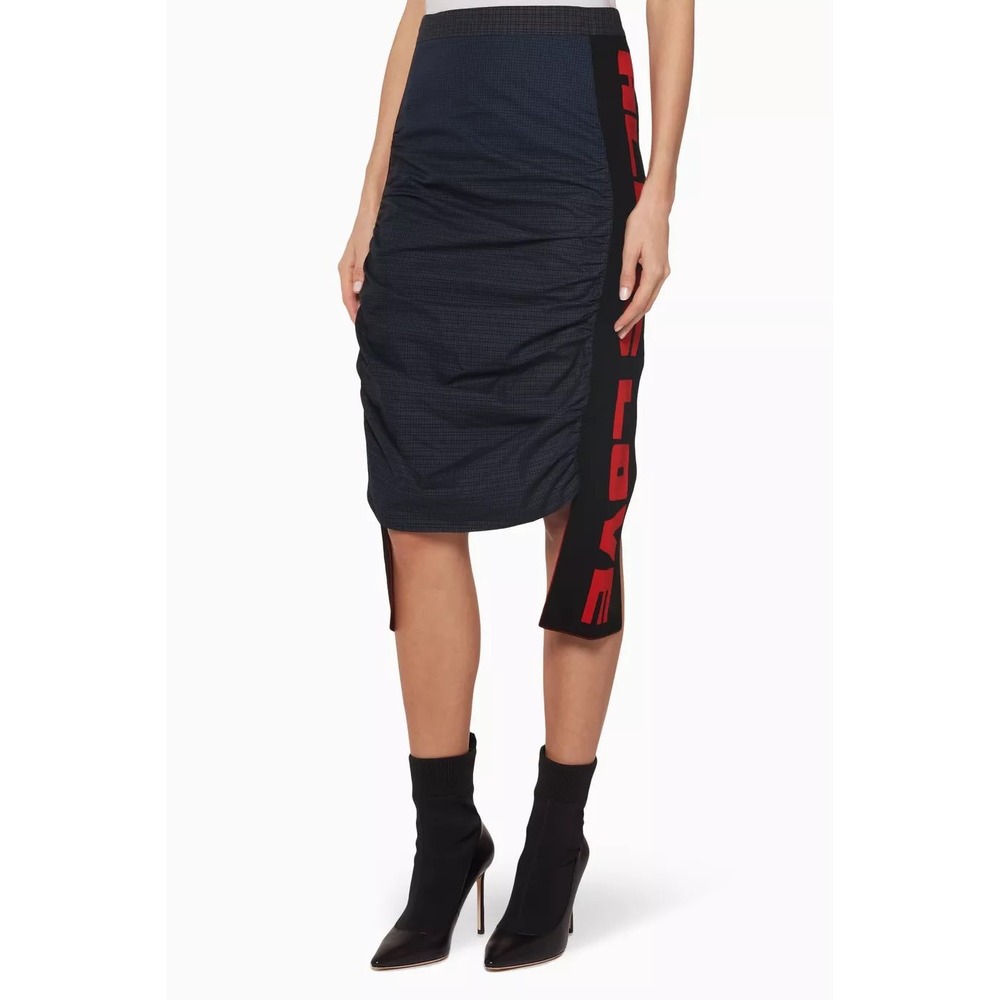 Stella McCartney All Is Love Micro Checked Ruched Grid Midi Skirt Navy Blue Red